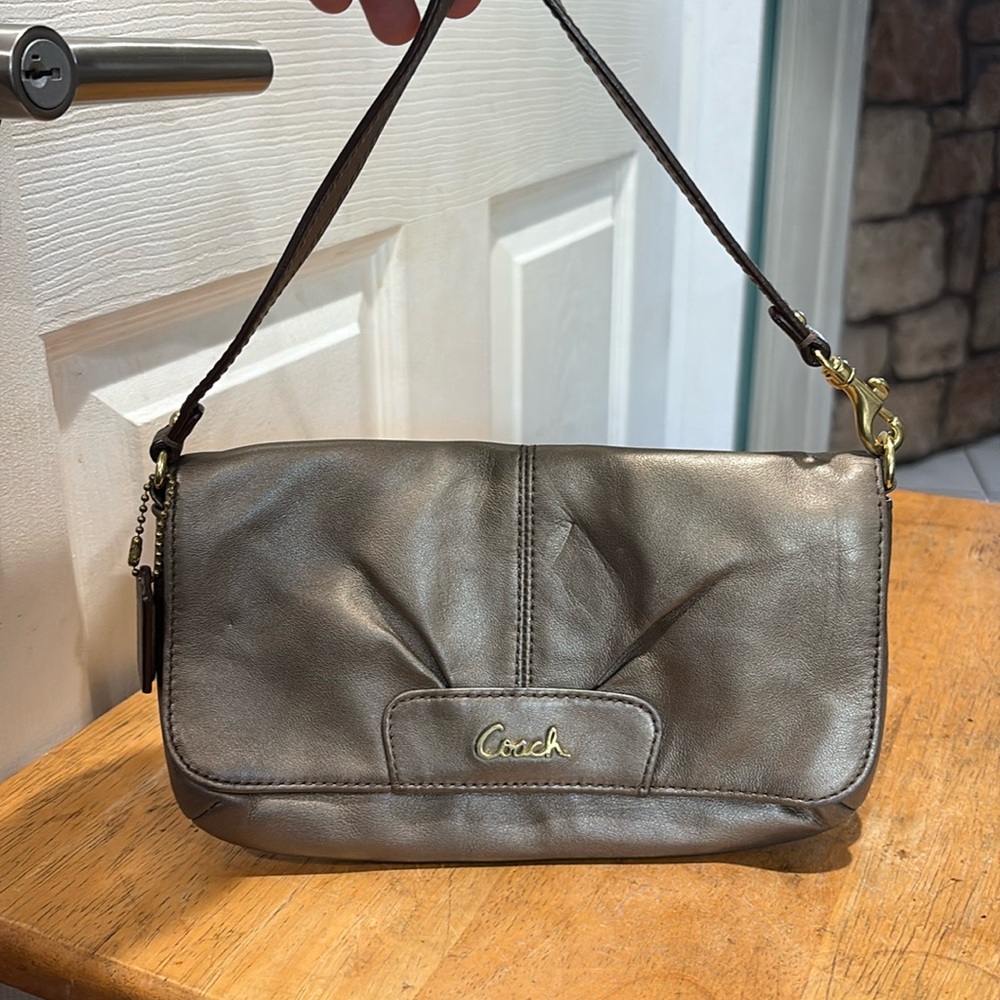 Coach Ashley Pleated Silver Flap Wristlet Clutch Metallic Evening Bag
